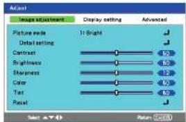 Actual Image adjustment Display setting Advanced Picture mode 1: Bright Detal setting Contrast 40 Brightness 40 Sharpness 40 Color 40 Test 40 Reset