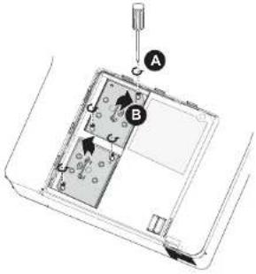 Technical diagram of a device with labeled components A and B, showing internal structure and directional arrows.