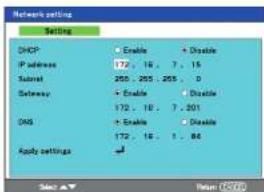 Network settings Setting DHCP Enable Disable IP address 172, 16, 7, 15 Subnet 205, 205, 205, 0 Subway Enable Disable 172, 16, 7, 201 DNS Enable Disable 172, 16, 1, 86 Apply settings ✓