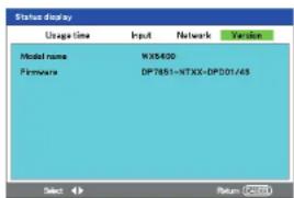 Status display Usage time Input Network Varian Model name NX5400 Firmware DP7851-NTXX-DP001/46 Select Return Cancel
