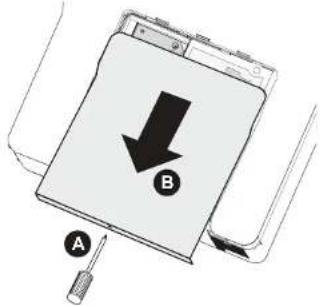 Diagram showing a device with labeled parts A and B, indicating a downward arrow and a screwdriver inserted into the component.