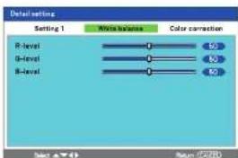 Detail setting Setting 1 R-level B-level B-level White balance Color correction 50 50 50 Select: ▼√(4) Return: (20%)