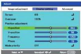 Adjust Image adjustment Display settings Advanced Screen 63 Overload 100% Position adjustment H-position 22 V-position 54 Frequency 1960 Phase 18 Mode priority Off Select: 10x100% Mode: 0.0000