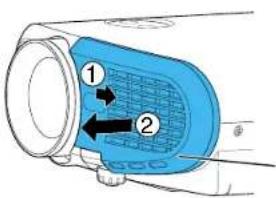 Diagram of a blue industrial component with labeled parts 1 and 2, showing internal structure and directional arrows.