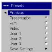Presets Previous Presentation Film Video User 1 User 2 User 3 Save Settings