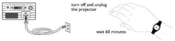 turn off and unplug the projector wait 60 minutes