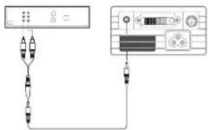Diagram showing two connected devices with cables and connectors, one displaying a screen interface and the other displaying a monitor.