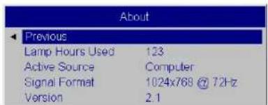 About Previous Lamp Hours Used 123 Active Source Computer Signal Format 1024x768 @ 72Hz Version 2.1