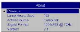 About Previous Lamp Hours Used 123 Active Source Computer Signal Format 1024x768 @ 7.2Hz Version 2.1