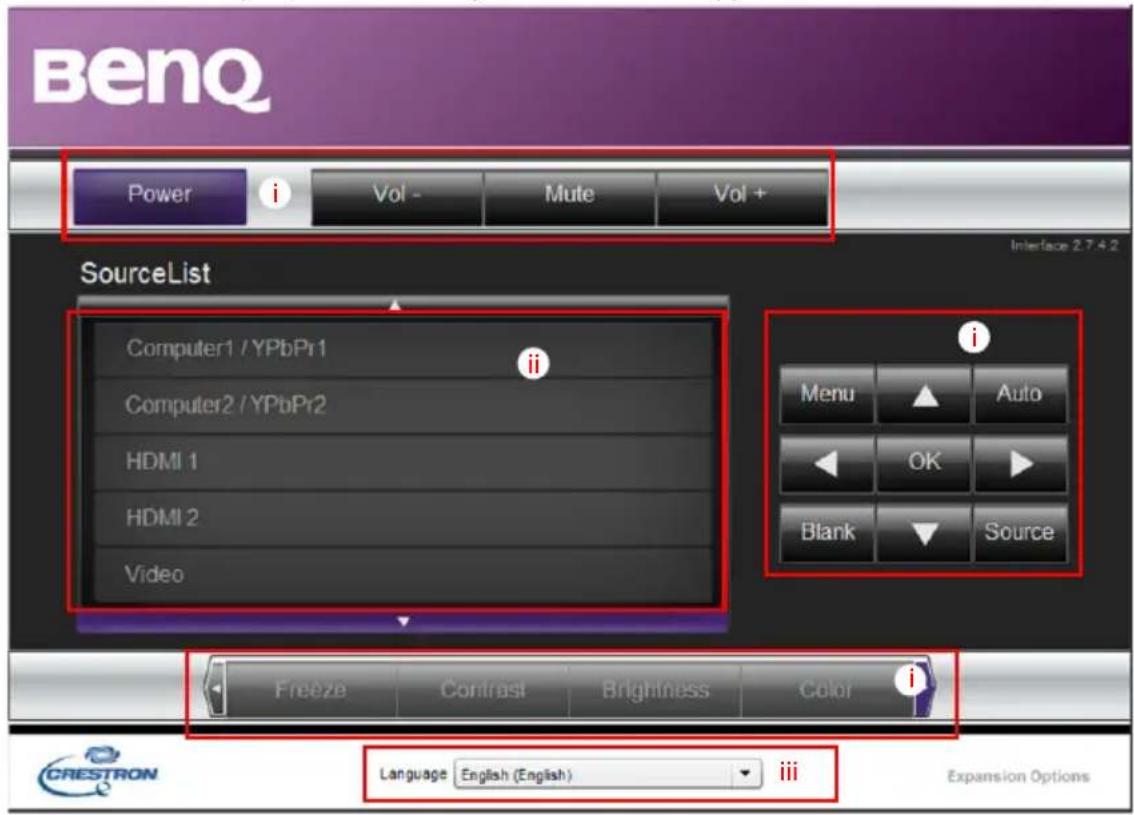 BenQ Power i Vol - Mute Vol + SourceList Computer1 / YPbPr1 Computer2 / YPbPr2 HDMI 1 HDMI 2 Video i Menu ▲ Auto ◀ OK ▶ Blank ▼ Source Freeze Contrast Brightness Color i Language English (English) iii CRESTRON Expansion Options