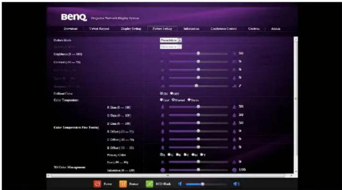 BenQ Projector Network Display System Download Virtual Rayed Display Settings Pattern Setup Information Coordinance Control Controls Actions Picture Mode Presets on Temperature Temperature Brightness (0 - 100) 50 Contrast (40 - 50) 0 Color Temperature Color Temperature Fine Timing R Class (5 - 100) 50 G Class (0 - 100) 50 U Class (5 - 100) 50 R Offset (-50 - 50) 0 C Offset (-50 - 50) 6 B Offset (-50 - 50) 0 Primary Color 8x (9x - 9x) 0 Blue (2P - 2P) 1.00 3D Color Management Saturation (N - 120)