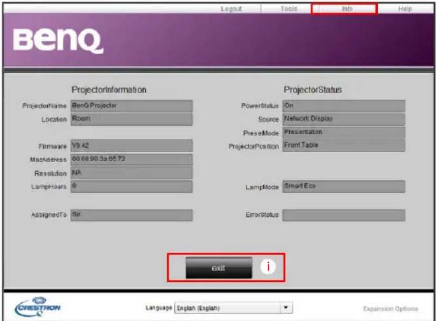 BenQ ProjectorInformation ProjectorStatus ProjectorName BenQ Projector Location Room Firmware V9.42 MacAddress 00.68.90.3a.65.72 Resolution NA LampHours 0 AssignedTo Sir. PowerStatus On Source Network Display PresetMode Presentation ProjectorPosition Front Table LampMode Smart Eca ErrorStatus exit i Language English (English) Expansion Options