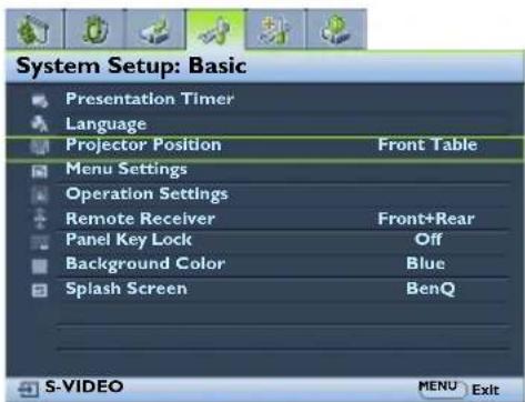 System Setup: Basic Presentation Timer Language Projector Position Front Table Menu Settings Operation Settings Remote Receiver Front+Rear Panel Key Lock Off Background Color Blue Splash Screen BenQ S-VIDEO MENU Exit