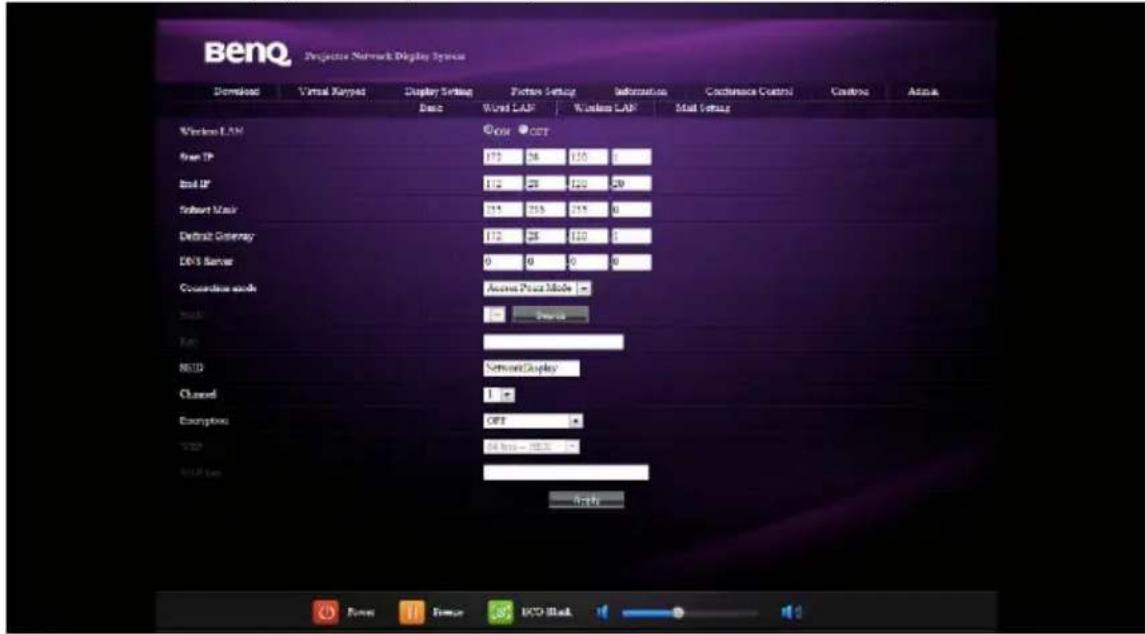 Beno Projector Network Display System Download Virtual Keypad Display Setting Picture Setup Information Contrace Control Control Address Basic Word LAF Wireless LAF Mail Setting Wireless LAN Scan IP 172 58 110 0 Iod UP 112 28 120 29 Subnet Mask 35 76 315 0 Default Gateway 112 28 120 0 DNS Server 0 0 0 0 Accession switch Access Point Mode Logic State Run NAS NetworkDisplay Channel 1 Exemptions OPT TCP 34 bits - 36.5 bits USB Low USB