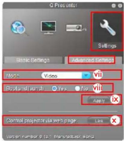 Q Proenter Settings Basic Settings Advanced Settings Mode: Video vii Boyl and launch Yes No viii Apply ix Control projector via web page Link Version number: 0.127 Menutecture Bond