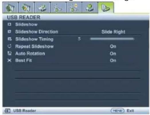 USB READER Slideshow Slideshow Direction Slide Right Slideshow Timing 5 Repeat Slideshow On Auto Rotation On Best Fit On USB Reader Next Exit