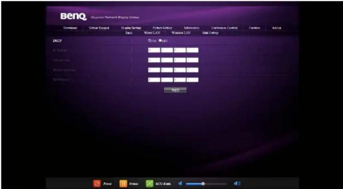 BenQ Projector Network Display System Downloads Virtual Keypool Display Setting Picture Settings Information Continuous Control Coverage Active Basic Wireless LAN Wireless LAN Mail Setting DLCF DCF Web Internet Link Desktop Network DCV Services Apply Power Features BCDV Stack