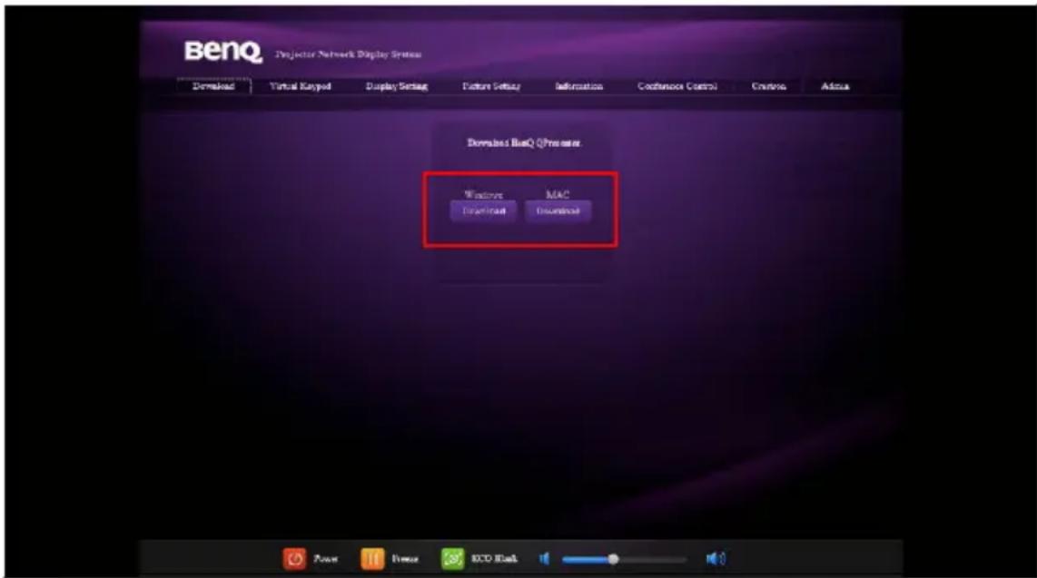 BenQ Projector Network Display System Download Virtual Keypod Display Setup Picture Setup Information Continuous Control Controls Address Downloads BenQ Promaster Windows Download MAC Download