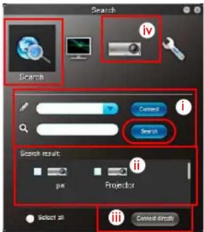 Search iv Search Connect i Search Search result: pm Projector Select all iii Connect directly