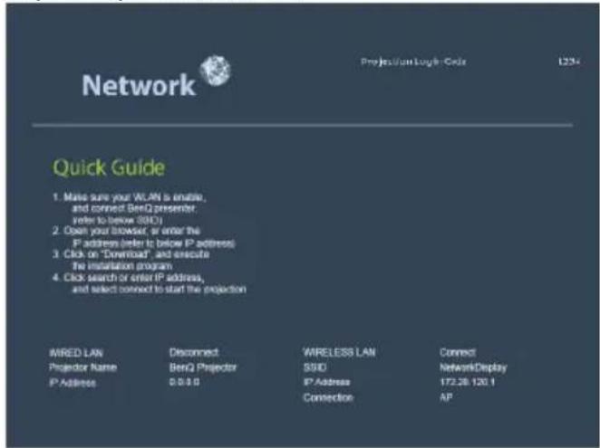 Network Projection Logit Color 123# Quick Guide 1. Make sure your WLAN is enable, and connect BenQ presenter, refer to below (SBD) 2. Open your browser, or order the IP address (refer to below IP address) 3. Click on "Download", and execute the installation program 4. Click search or order IP address, and select connect to start the projection IWIRED LAN Projector Name IP Address Disconnect BenQ Projector 0.0.0.0 WIRELESS LAN SSIO IP Address Connection Connect NetworkDisplay 172.26.120.1 AP