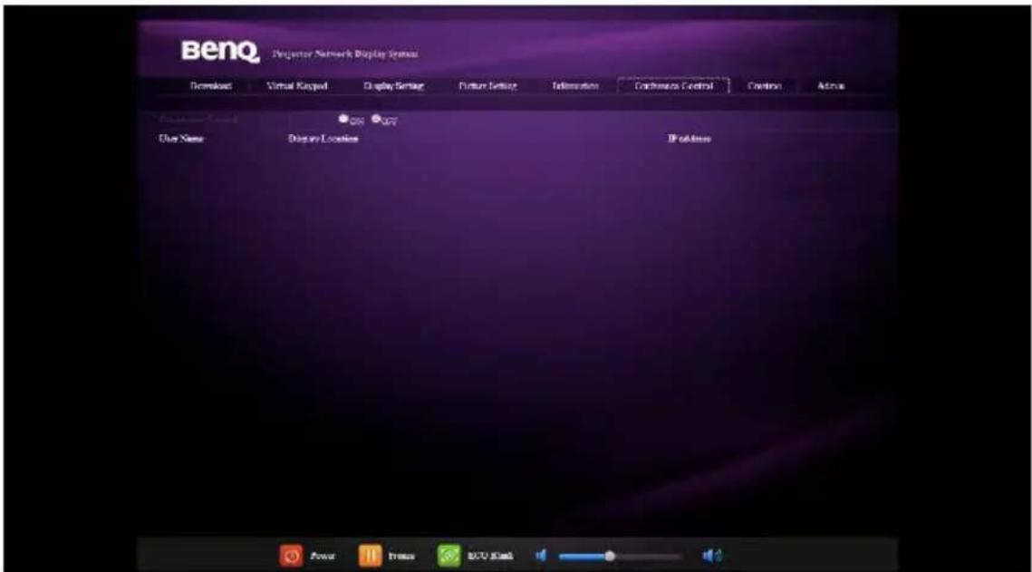BenQ Projector Network Display Server Download Virtual Keypad Display Settings Picture Settings Information Connection Control Control Active Options Use Name Display Locations IP address Power Features BCO Flash