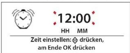 12:00 HH MM Zeit einstellen: ◇ drücken, am Ende OK drücken