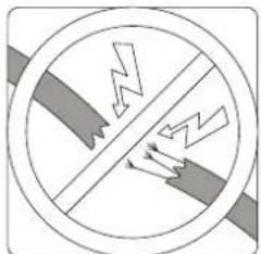 Safety warning sign showing a crossed-out line with lightning bolts and hazard bars