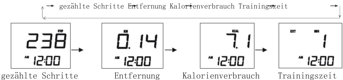 gezählte Schritte Entfernung Kalorienverbrauch Trainingszeit 238 AM 12:00 gezählte Schritte 0.14 AM 12:00 Entfernung 7.1 AM 12:00 Kalorienverbrauch EXT AM 12:00 Trainingszeit
