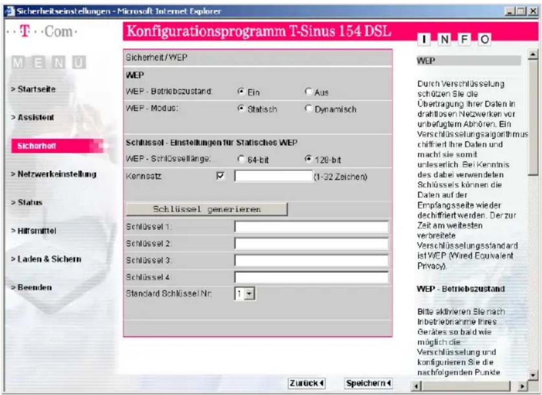 T-Mobile Sinus 154 DSL - Schlüsseleinstellungen für statisches WEP - 1