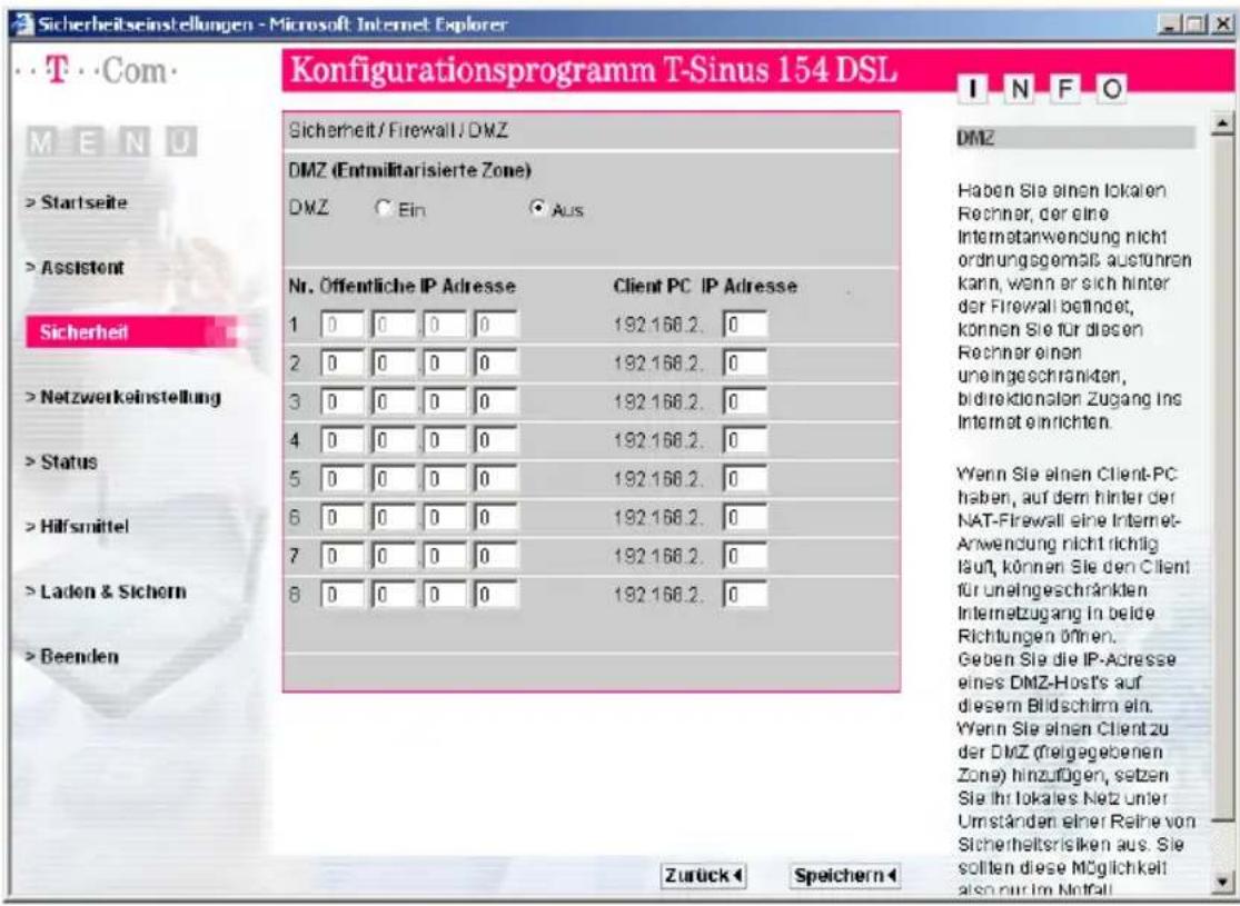 T-Mobile Sinus 154 DSL - Wählen Sie im Menü Sicherheit den Eintrag DMZ. - 1