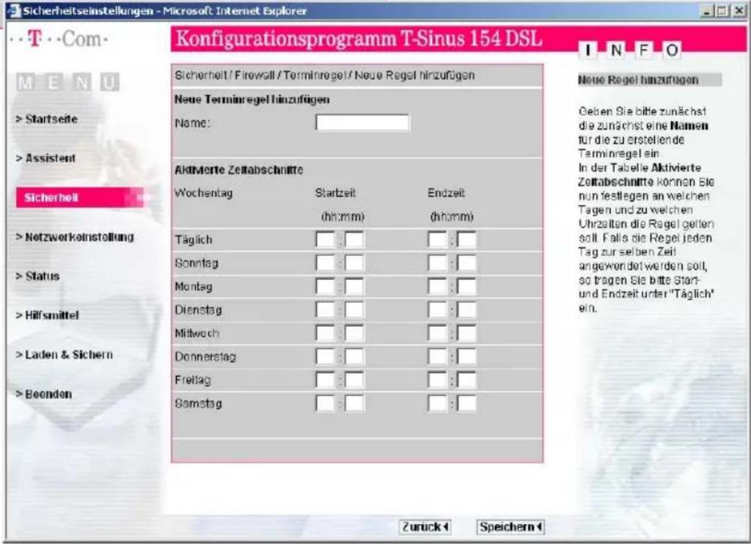 T-Mobile Sinus 154 DSL - Wählen Sie im Menü Sicherheit den Eintrag Terminregel. - 2