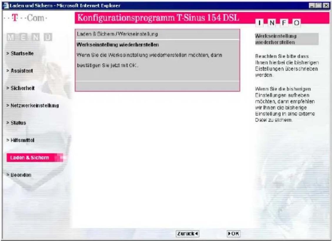 T-Mobile Sinus 154 DSL - Wählen Sie im Menü Laden & Sichern den Eintrag Werkseinstellung. - 1