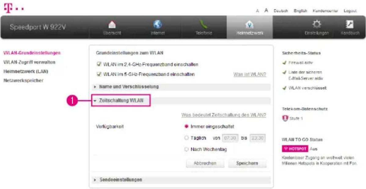 Speedport W 922V WLAN-Grundeinstellungen WLAN-Zugriff verwalten Heimnetzwerk (LAN) Netzwerkspeicher Grundeinstellungen zum WLAN WLAN im 2.4-GHz-Frequenzband einschallen WLAN im 5-GHz-Frequenzband einschalten Was ist WLAN? Name und Verschlüsselung Zeitschaltung WLAN Verfügbarkeit Was bedeutet Zeitsch…
