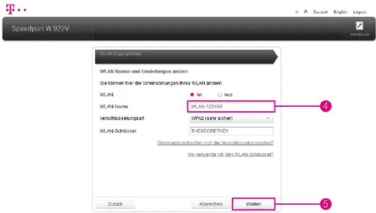 Speedport W 922V WLAN-Zugengestehn WLAN-Namen und Einstellungen ändern Sie können hier die Voreinstellungen Ihres WLAN ändern. WLAN An Aus WLAN-Name WLAN-123456 Verschlüsselungsart WFAZ (sehr sicher) WLAN-Schlüssel THESECRETKEY Wonn unterscheiden sich die Verschlüsselungsarten? Wo verwende ich den W…