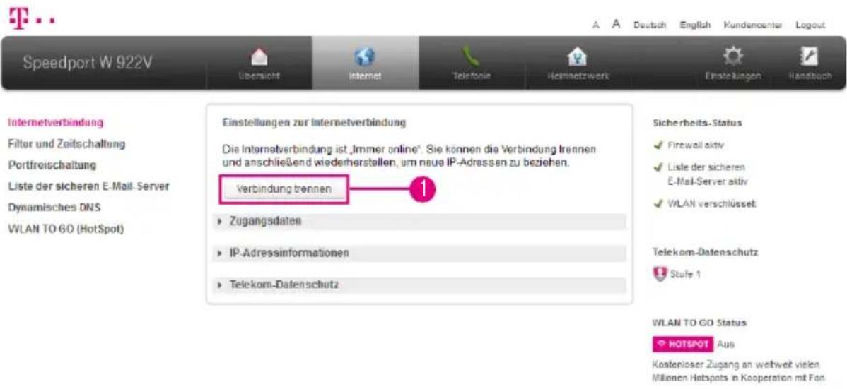 Speedport W 922V Einstellungen zur Internetverbindung Die Internetverbindung ist „Immer online“. Sie können die Verbindung trennen und anschließend wiederherstellen, um neue IP-Adressen zu beziehen. Verbindung trennen Zugangsdaten IP-Adressinformationen Telekom-Datenschutz Sicherheits-Status Firewal…