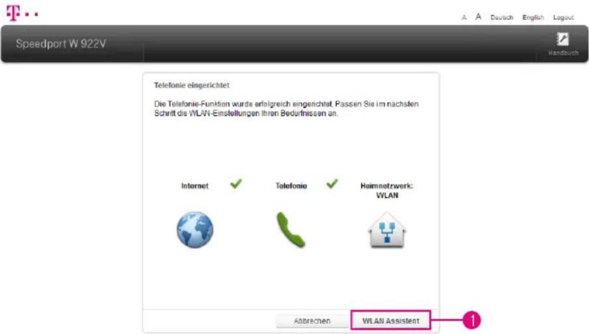 Speedport W 922V A A Deutsch English Logout Handbuch Telefonie eingerichtet Die Telefonie-Funktion wurde erfolgreich eingerichtet. Passen Sie im nächsten Schritt die WLAN-Einstellungen ihren Bedürfnissen an. Internet ✓ Telefonie ✓ Heimnetzwerk: WLAN Abrechen WLAN Assistent 1