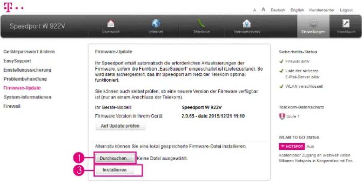 Speedport W 922V Übersucht Internet Telefonie Heimnetzwerk Einstellungen Handbuch Gerätepasswort ändern EasySupport Einstellungssicherung Problembehandlung Firmware-Update System-Informationen Firewall Firmware-Update Ihr Speedport erhält automatisch die erforderlichen Aktualisierungen der Firmware,…