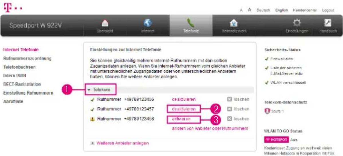 Speedport W 922V Einstellungen zur Internet Telefonie Sie können gleichzeitig mehrere Internet-Rufnummern mit den selben Zugangsdaten anlegen. Wenn Sie Internet-Rufnummern vom gleichen Anbieter mit unterschiedlichen Zugangsdaten oder von unterschiedlichen Anbietern haben, können Sie weitere Anbieter…