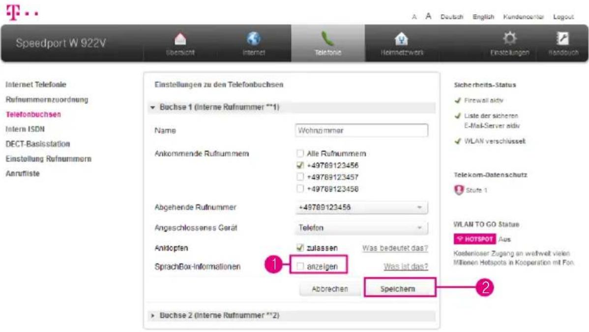 Speedport W 922V Internet Telefonie Rufnummernzuordnung Telefonbuchsen Intern ISDN DECT-Basisstation Einstellung Rufnummern Anrufliste Einstellungen zu den Telefonbuchsen Buchse 1 (Interne Rufnummer **1) Name Wohnzummam Ankommende Rufnummern Alle Rufnummern +49789123456 +49789123457 +49789123458 Abg…