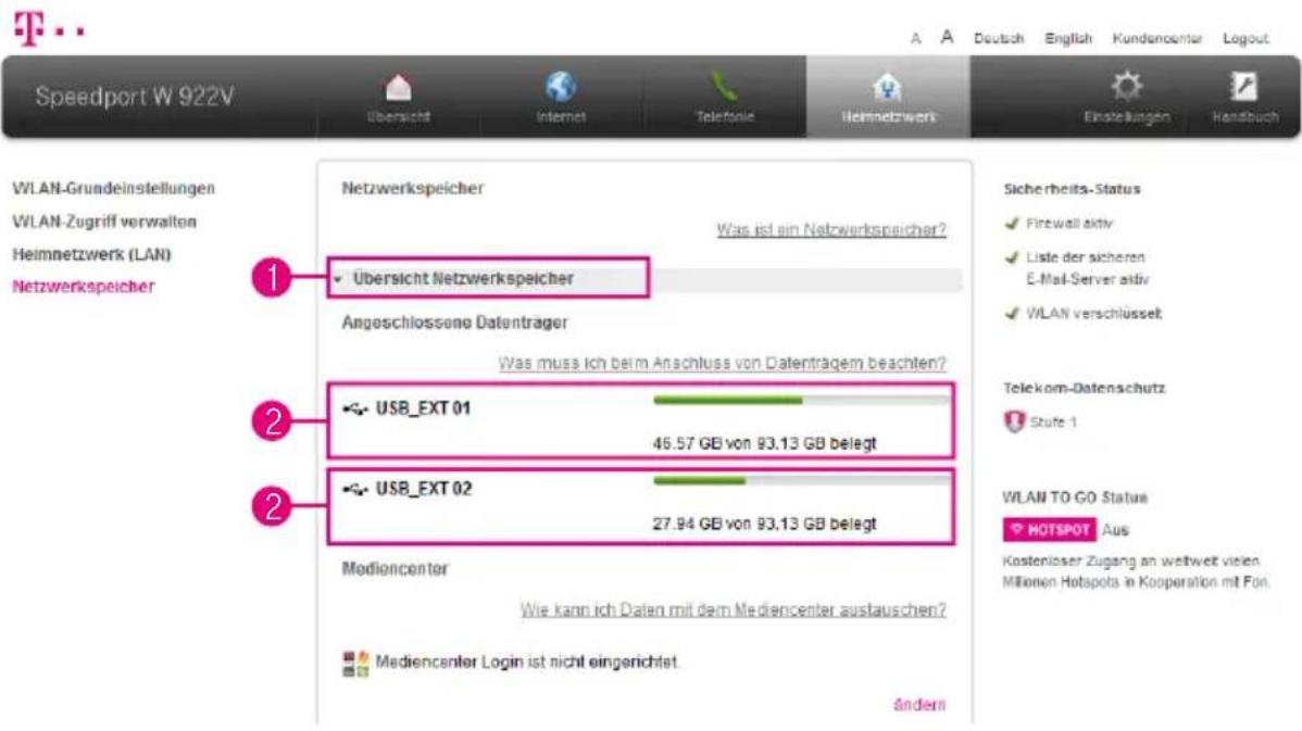Speedport W 922V WLAN-Grundeinstellungen WLAN-Zugriff verwalten Heimnetzwerk (LAN) Netzwerkspeicher 1 Netzwerkspeicher Was ist ein Netzwerkspeicher? Übersicht Netzwerkspeicher Angeschlossene Datenträger Was muss ich beim Anschluss von Datentragem beachten? USB_EXT 01 46.57 GB von 93.13 GB belegt USB…