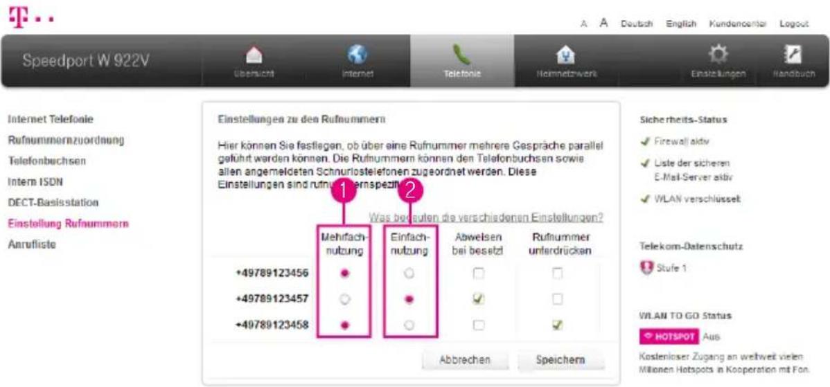 Speedport W 922V Übersicht Internet Telefonie Hormnetzwerk Einstellungen Handbuch Internet Telefonie Rufnummernzuordnung Telefonbuchsen Intern ISDN DECT-Basisstation Einstellung Rufnummern Anrufliste Einstellungen zu den Rufnummern Hier können Sie fastlegen, ob über eine Rufnummer mehrere Gespräche…