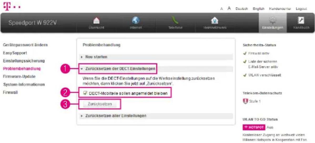Speedport W 922V Übersicht Internet Telefonie Heimnetzwerk Einstellungen Handbuch Gerätepasswort ändern Easy Support Einstellungssicherung Problembehandlung Firmware-Update System-Informationen Firewall Problembehandlung Nau starten Zurücksetzen der DECT-Einstellungen Wenn Sie die DECT-Einstellungen…