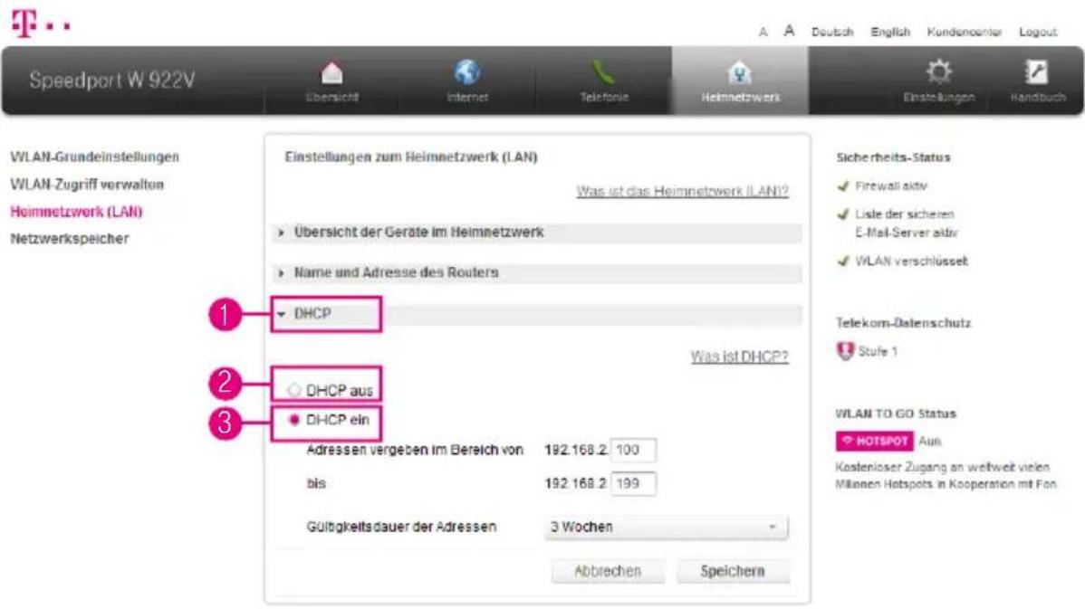 Speedport W 922V WLAN-Grundeinstellungen WLAN-Zugriff verwalten Heimnetzwerk (LAN) Netzwerkspeicher Einstellungen zum Heimnetzwerk (LAN) Was ist das Heimnetzwerk (LAN)? Übersicht der Geräte im Heimnetzwerk Name und Adresse des Routers DHCP Was ist DHCP? DHCP aus DHCP ein Adressen vergeben im Bereich…