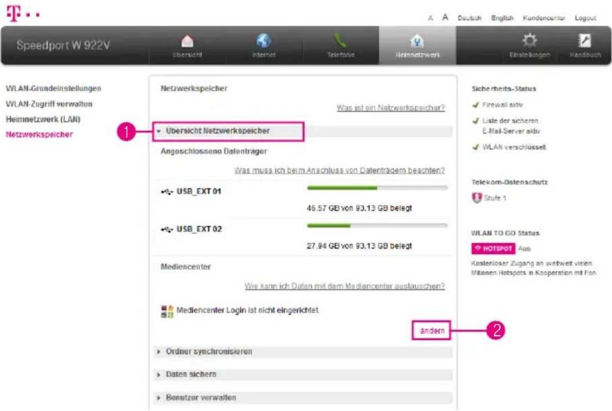 Speedport W 922V WLAN-Grundeinstellungen WLAN-Zugriff verwalten Heimnetzwerk (LAN) Netzwerkspeicher 1 Netzwerkspeicher Was ist ein Netzwerkspasicher? Übersicht Netzwerkspeicher Angeschlossene Datenträger Was muss ich beim Anschluss von Datentragem beachten? USB_EXT 01 46.57 GB von 93.13 GB belegt US…