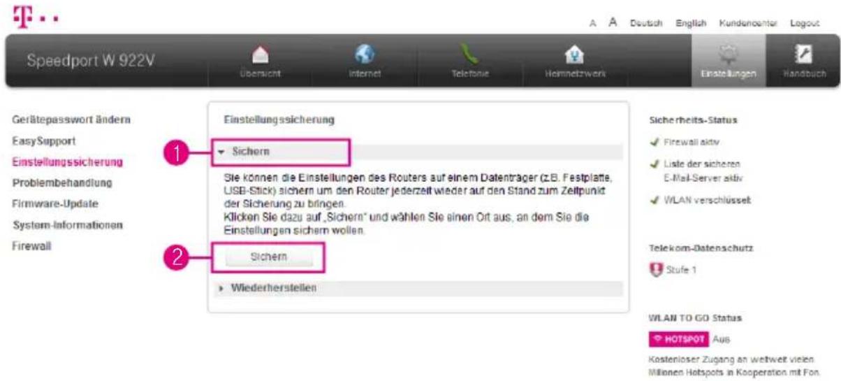 Speedport W 922V Gerätepasswort ändern EasySupport Einstellungssicherung Problembehandlung Firmware-Update System-Informationen Firewall Einstellungssicherung Sichern Sie können die Einstellungen des Routers auf einem Datenträger (z.B. Festplatte, USB-Stick) sichern um den Router jederzeit wieder au…
