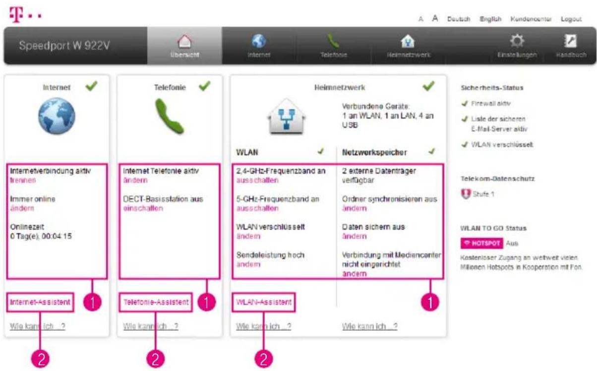 Speedport W 922V Übersicht Internet Telefonie Heimnetzwerk Einstellungen Handbuch Internet Internetverbindung aktiv trennen Immer online ändern Onlinezeit 0 Tag(e), 00:04:15 Internet-Assistant Wia kann ich _2 Telefonie-Assistant Wia kann ich _2 WLAN-Assistant WLAN 2.4-GHz-Frequenzband an ausschallen…