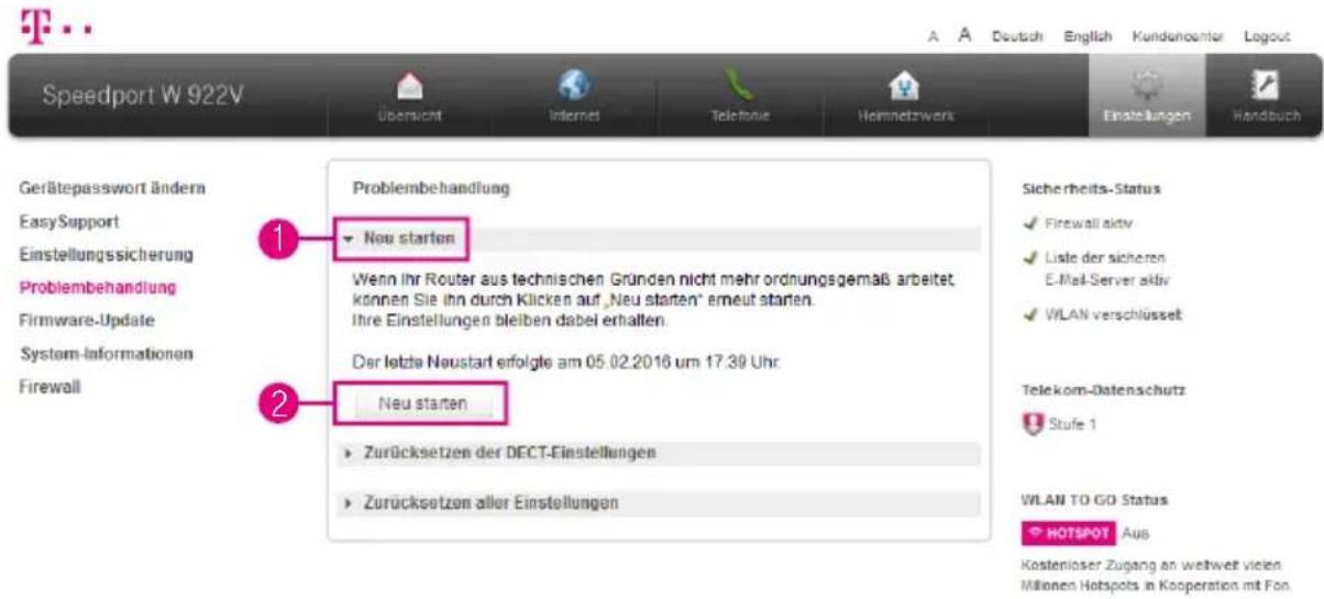Speedport W 922V Übersicht Internet Telefonze Hornnetzwerk Einstellungen Handbuch Gerätepasswort ändern EasySupport Einstellungssicherung Problembehandlung Firmware-Update System-Informationen Firewall Problembehandlung New starten Wenn Ihr Router aus technischen Gründen nicht mehr ordnungsgemäß arb…