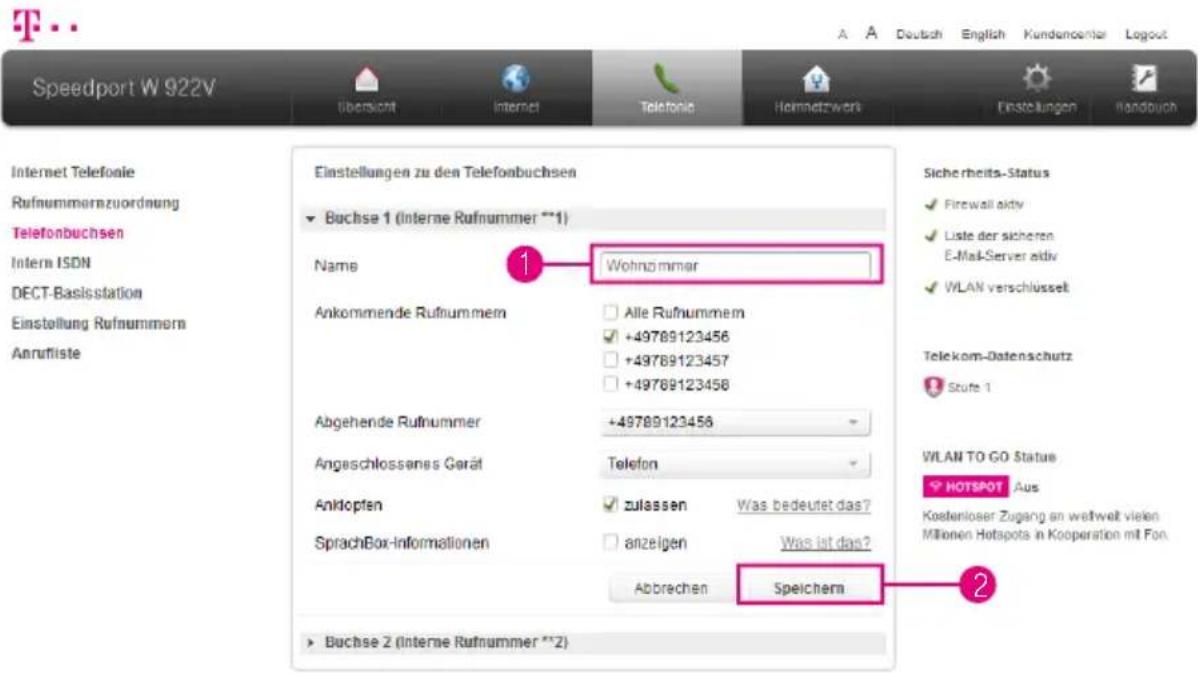 Speedport W 922V Internet Telefonie Rufnummernzuordnung Telefonbuchsen Intern ISDN DECT-Basisstation Einstellung Rufnummern Anrufliste Einstellungen zu den Telefonbuchsen Buchse 1 (Interne Rufnummer **1) Name Wohnzommar Ankommende Rufnummem Alle Rufnummem +49789123456 +49789123457 +49789123458 Abgeh…