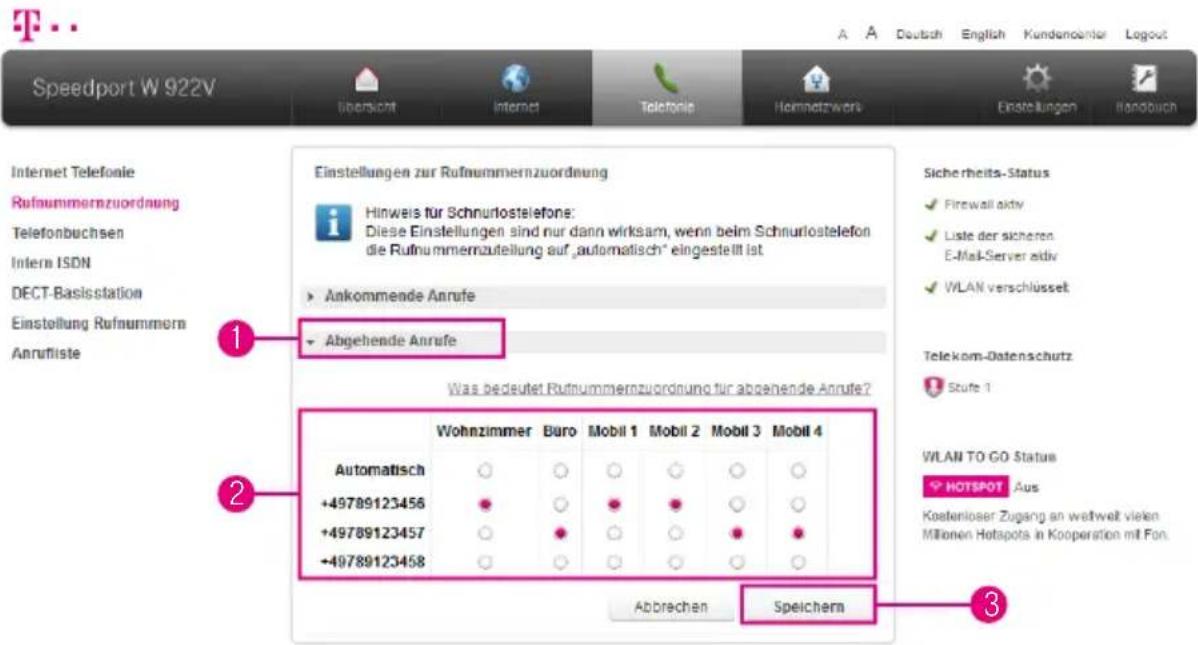 Speedport W 922V Internet Telefonie Rufnummernzuordnung Telefonbuchsen Intern ISDN DECT-Basisstation Einstellung Rufnummern Anrufliste Einstellungen zur Rufnummernzuordnung Hinweis für Schnurlostelefone: Diese Einstellungen sind nur dann wirksam, wenn beim Schnurlostelefon die Rufnummernzuteilung au…