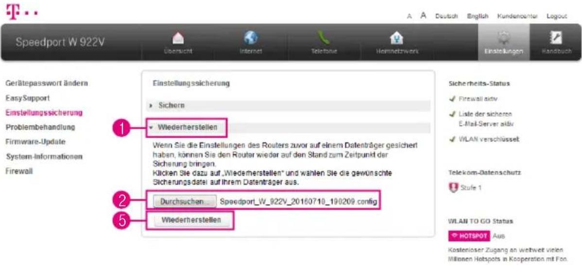 Speedport W 922V Einstellungssicherung Sichern Wiederherstellen Wenn Sie die Einstellungen des Routers zuvor auf einem Datenträger gesichert haben, können Sie den Router wieder auf den Stand zum Zeitpunkt der Sicherung bringen. Klicken Sie dazu auf „Wiederherstellen“ und wählen Sie die gewünschte Si…